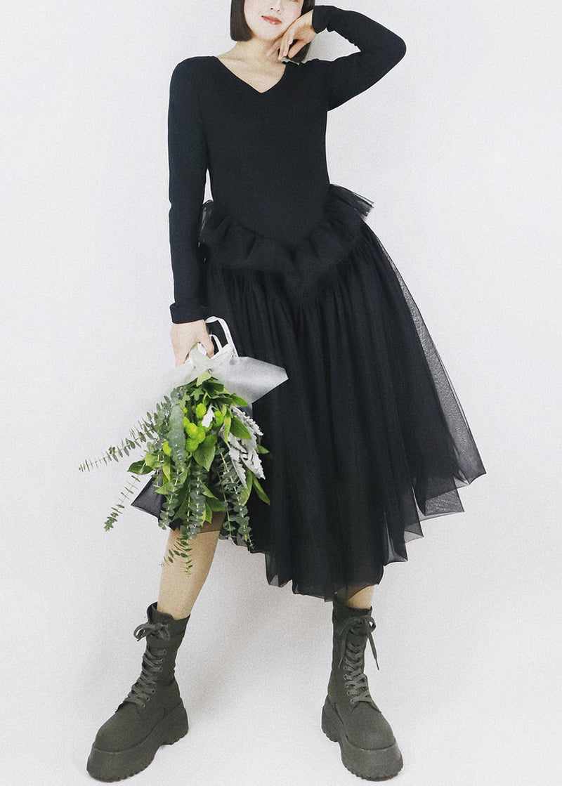 Black Asymmetrical Tulle Patchwork Cotton Dresses