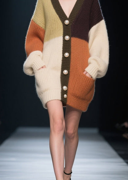 Colorblock V Neck Button Patchwork Knit Loose Coat Fall