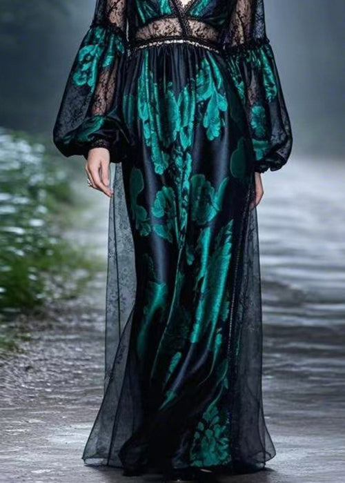 Black Lace Patchwork Silk Long Dresses Spring