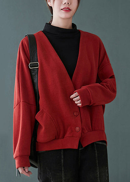 Red V Neck Button Pockets Patchwork Cotton Coats Fall