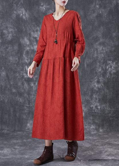Red Cinched Patchwork Linen Dresses Fall