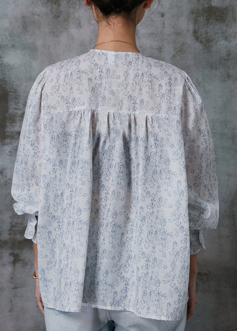 White Oversized Print Wrinkled Cotton Shirt Top Spring