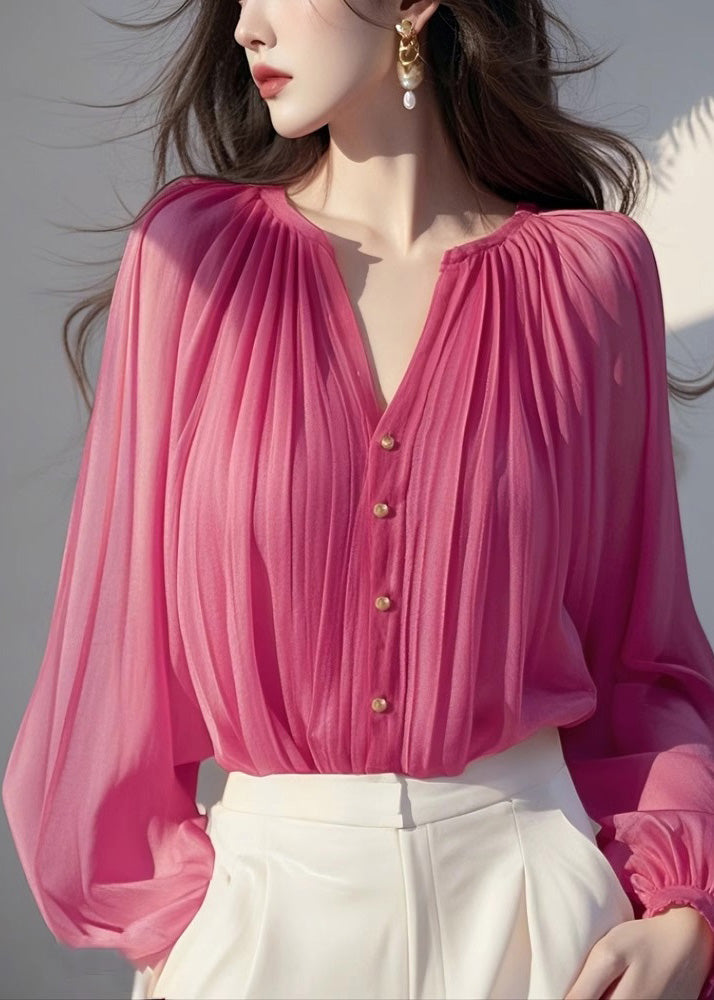 Rose Wrinkled Chiffon Shirt Lantern Sleeve