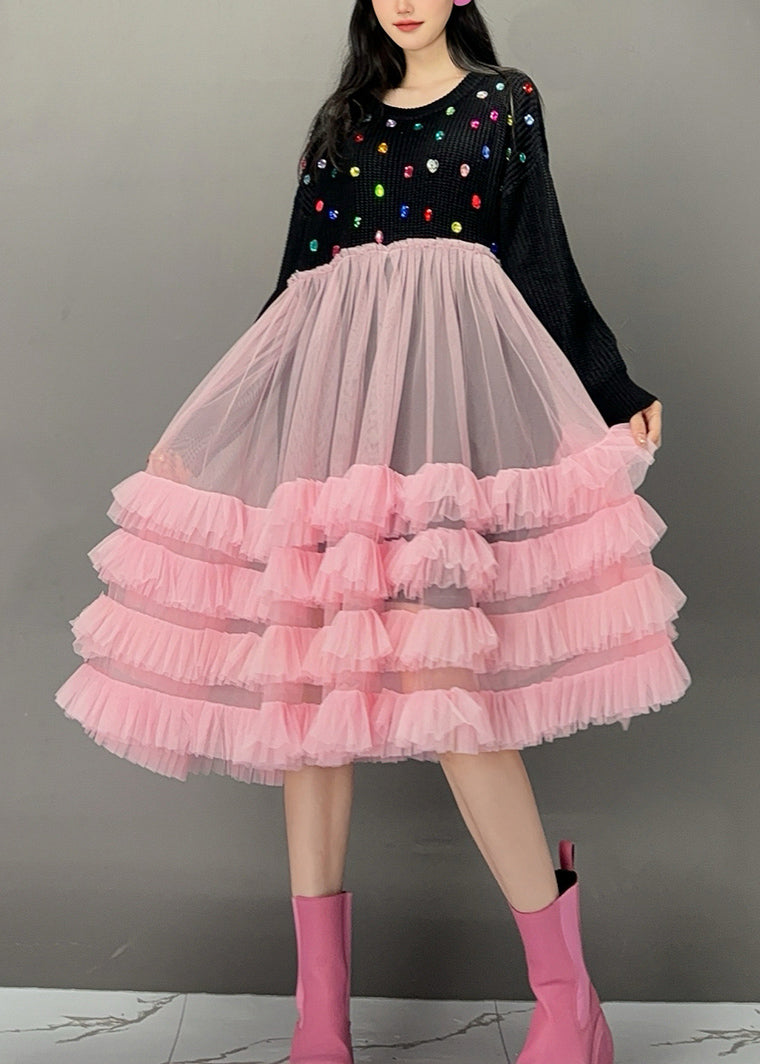 White O-neck Sequins Knit Patchwork Tulle Maxi Cake Dress Fall