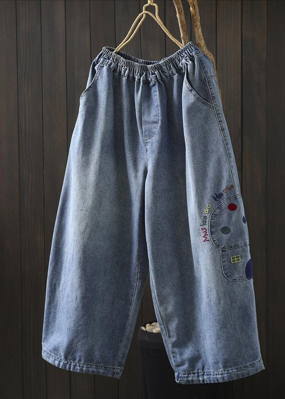 Blue Graphic Patchwork Elastic Waist Crop Jeans