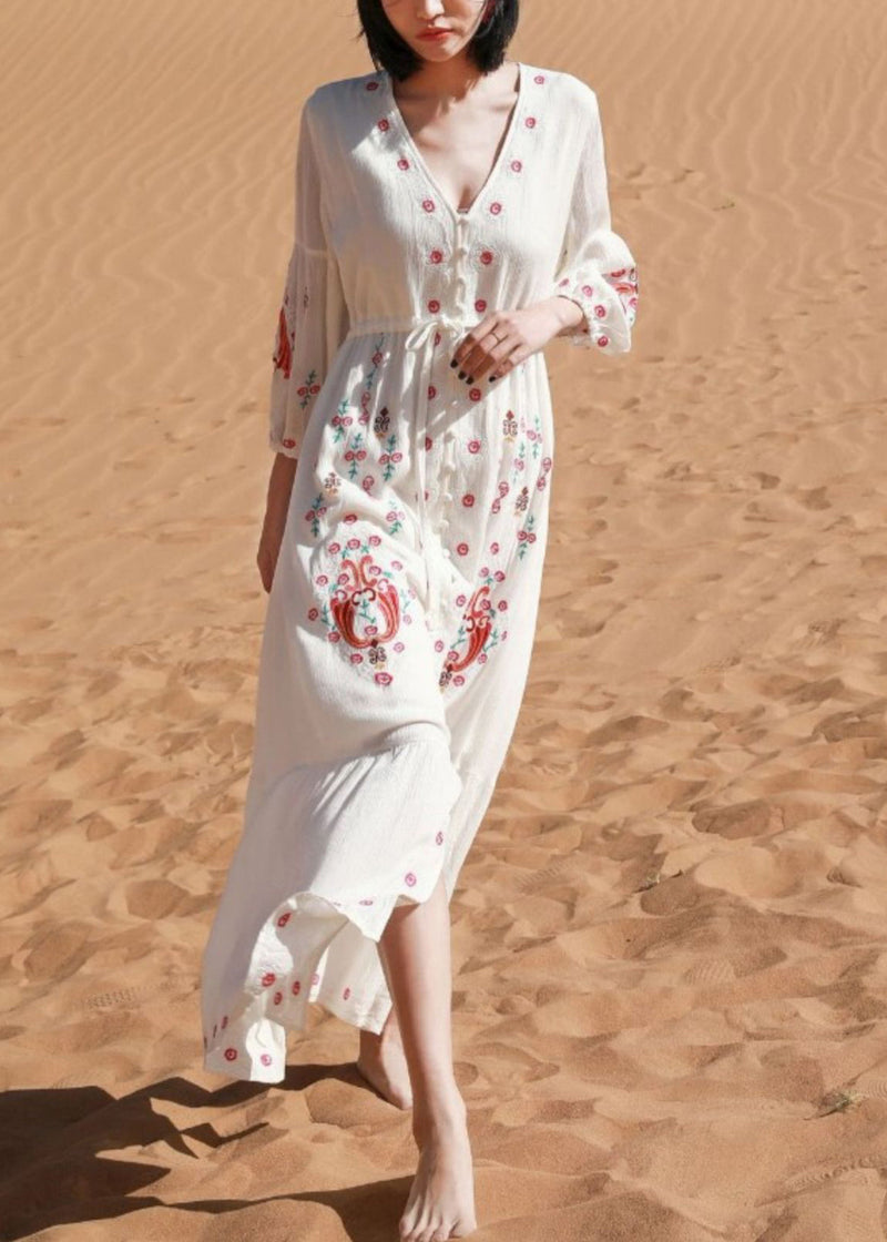 White V Neck Print Tie Waist Cotton Shirts Dresses Spring
