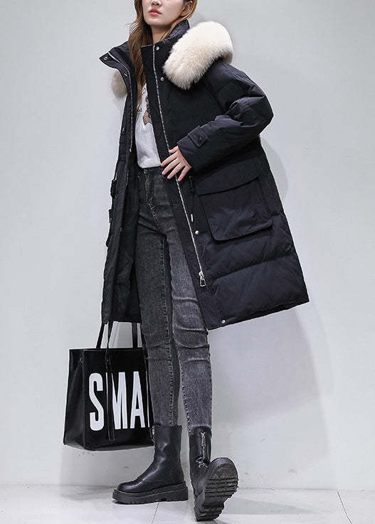 Boutique Beige Fur Collar Hooded Drawstring Cotton Blend Coat Winter