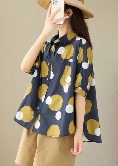 Yellow Stripes Peter Pan Collar Print Cotton Shirt Tops Summer
