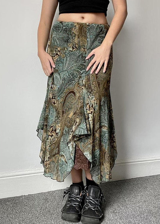 Green Print Lace Patchwork Skirts Summer