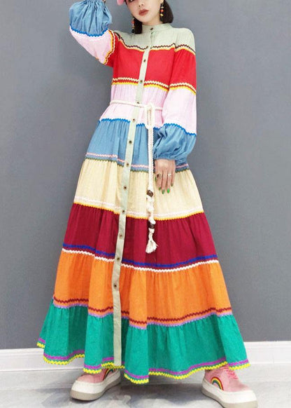 Color Block Button Patchwork Holiday Dress Fall Long Sleeve