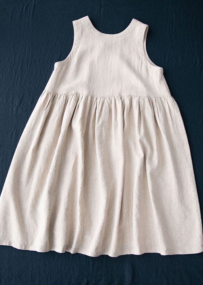 Grey V Neck Wrinkled Patchwork Linen Dresses Summer