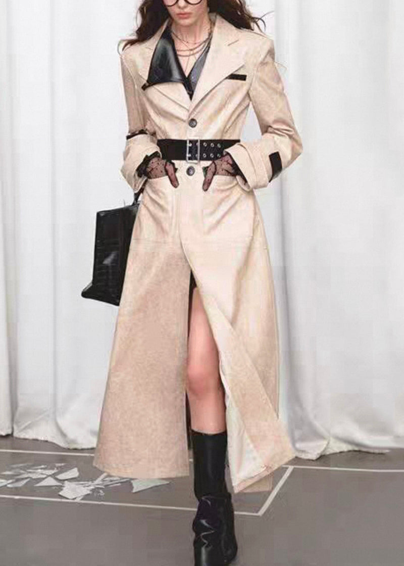 Italian Notched Button Pockets Patchwork Faux Leather Long Coats Fall
