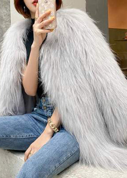 Fine Grey V Neck Leather and Fur Coat Winter