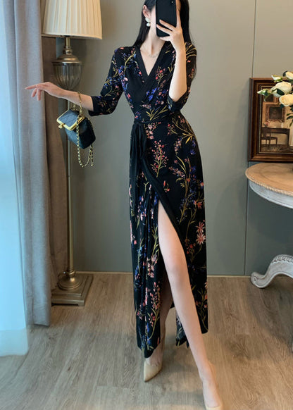 Fitted Black Tunic Print Side Open Long Dresses Summer