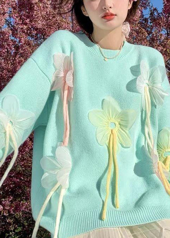 Blue O-neck Thick Cotton Knit Sweater Fall