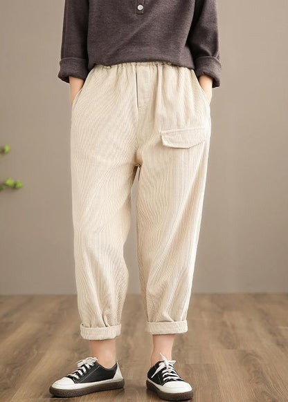 French Spring Trousers Beige Inspiration Elastic Waist Pockets Pant