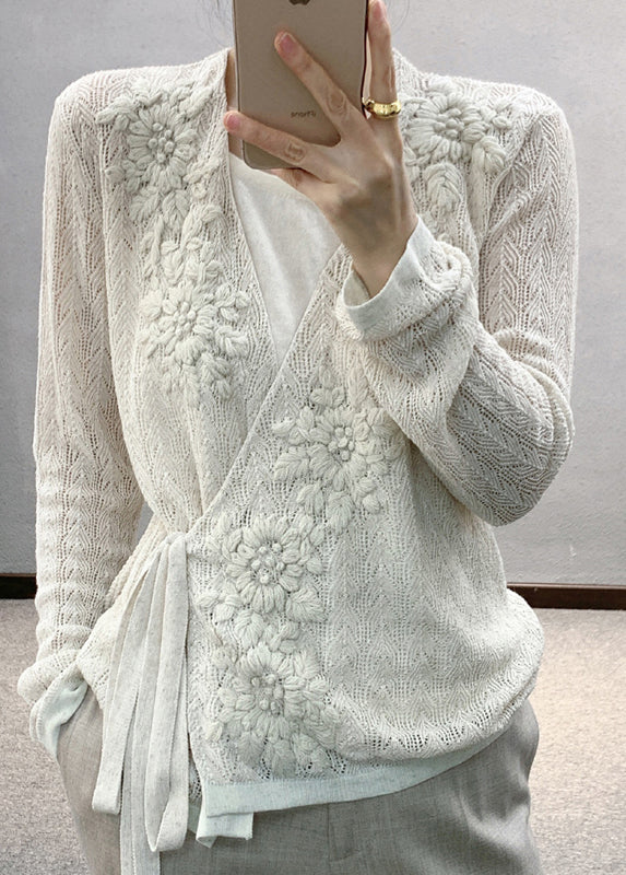 White Lace Up Hollow Out Patchwork Knit Top Fall