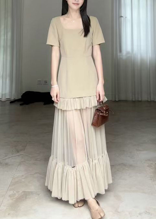 Khaki Square Collar Ruffled Patchwork Cotton Long Dresses Summer