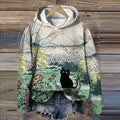 Women's Flowers & Black Cat Art Casual Hoodie elevenforest