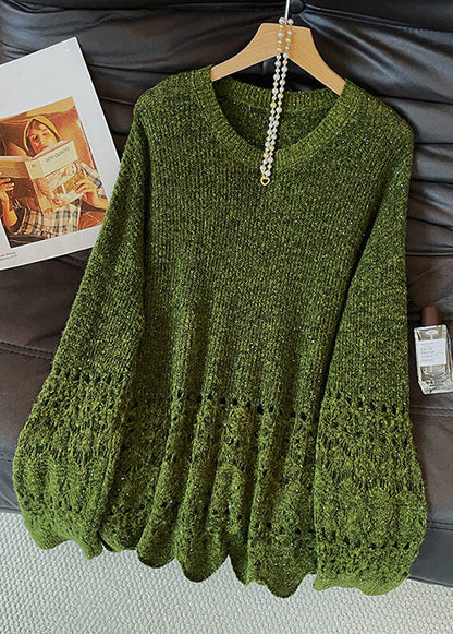 Green O Neck Hollow Out Knit Sweaters Fall