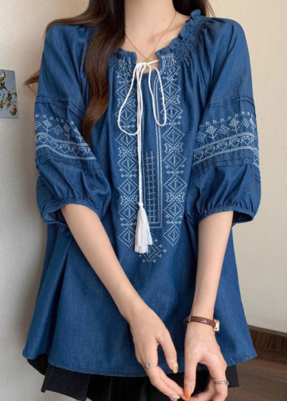 Navy Ruffled Embroidered Cotton Blouses Bracelet Sleeve