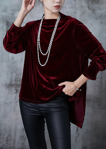 Classy Mulberry Oversized Low High Design Silk Velour Shirt Tops Fall