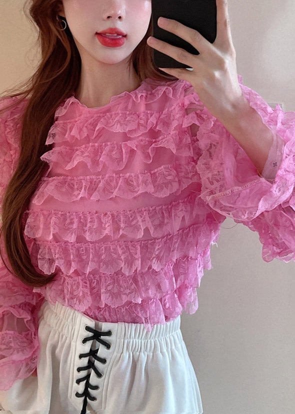 Diy Pink O-neck Patchwork Lace Top Long Sleeve