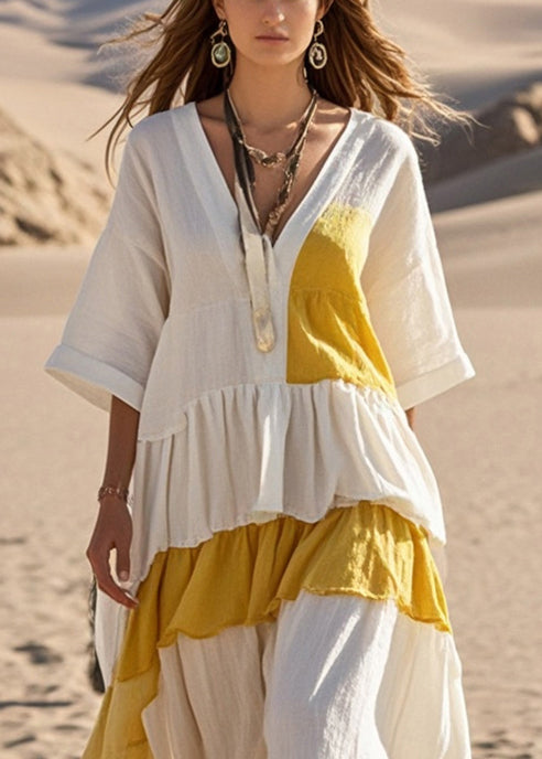 Stylish White Asymmetrical Patchwork Cotton Holiday Dress Bracelet Sleeve Summer