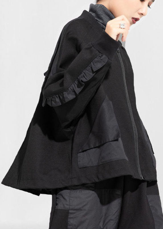 Style Black Zippered Pockets Patchwork Fall Coat Long Sleeve