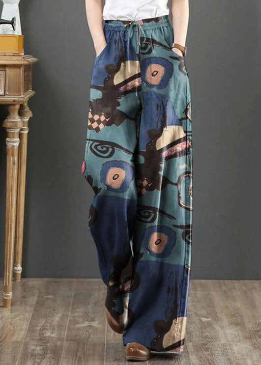 Blue Print Cotton Wide Leg Pants High Waist Pockets Summer