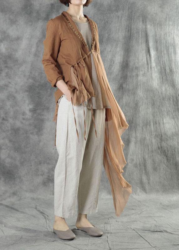 Khaki Tie Waist Patchwork Asymmetrical Design Fall Jackets Long Sleeve