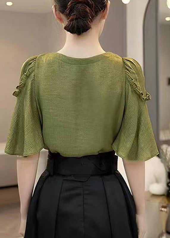 Green V Neck Ruffled Patchwork Hollow Out Shirt Summer