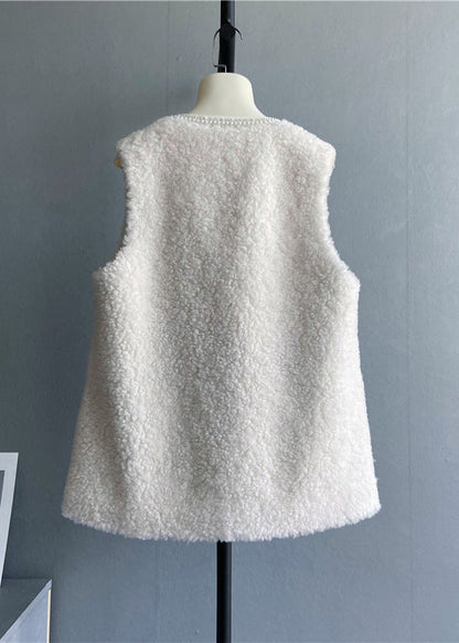 Beige V Neck Pockets Button Wool Vest Sleeveless