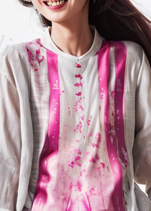 New Rose Print Side Open Patchwork Cotton Top Long Sleeve