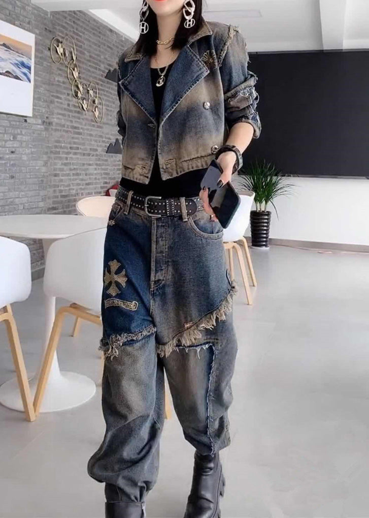 Handmade Grey Peter Pan Collar Patchwork Coats and Jeans Two Pieces Set Fall