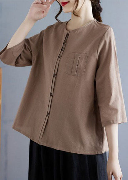 Linen Color O Neck Button Cotton Top Bracelet Sleeve