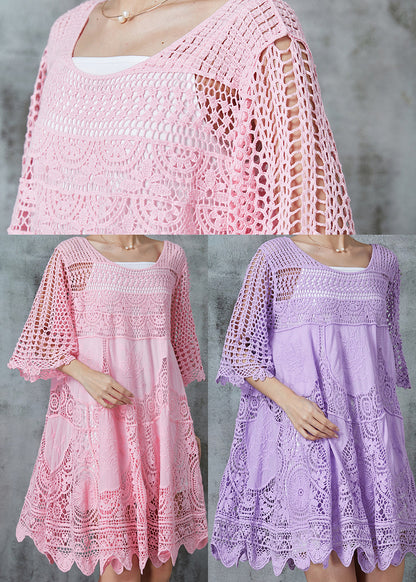 Pink Hollow Out Lace Holiday Dress Summer