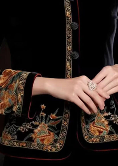 Black Embroideried Button Silk Coats Long Sleeve