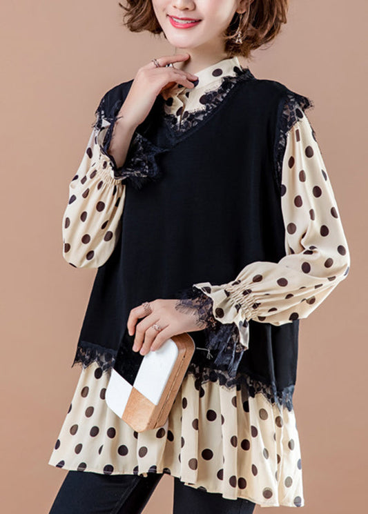 Black O-neck Waistcoat and Shirts Two Piece Set Fall