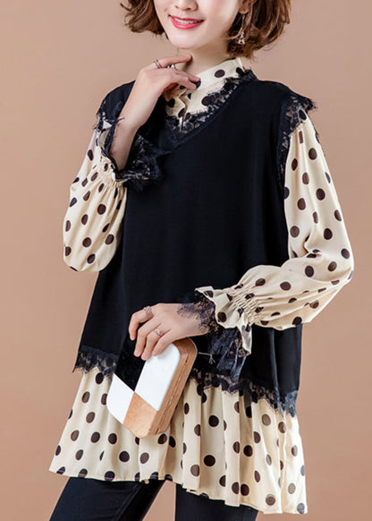 Black O-neck Waistcoat and Shirts Two Piece Set Fall