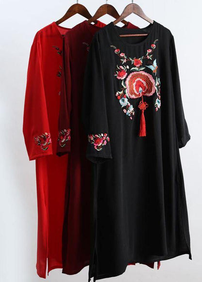 O Neck Tassel Spring Tunics Outfits Red Embroidery a Line Dresses
