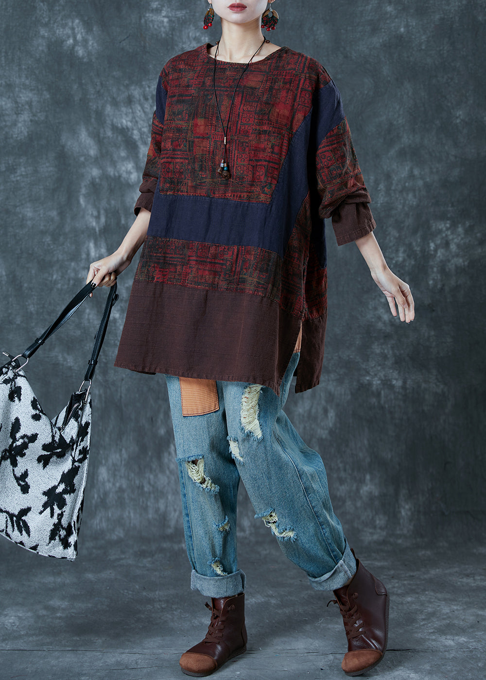 Colorblock Oversized Patchwork Linen Blouses Fall