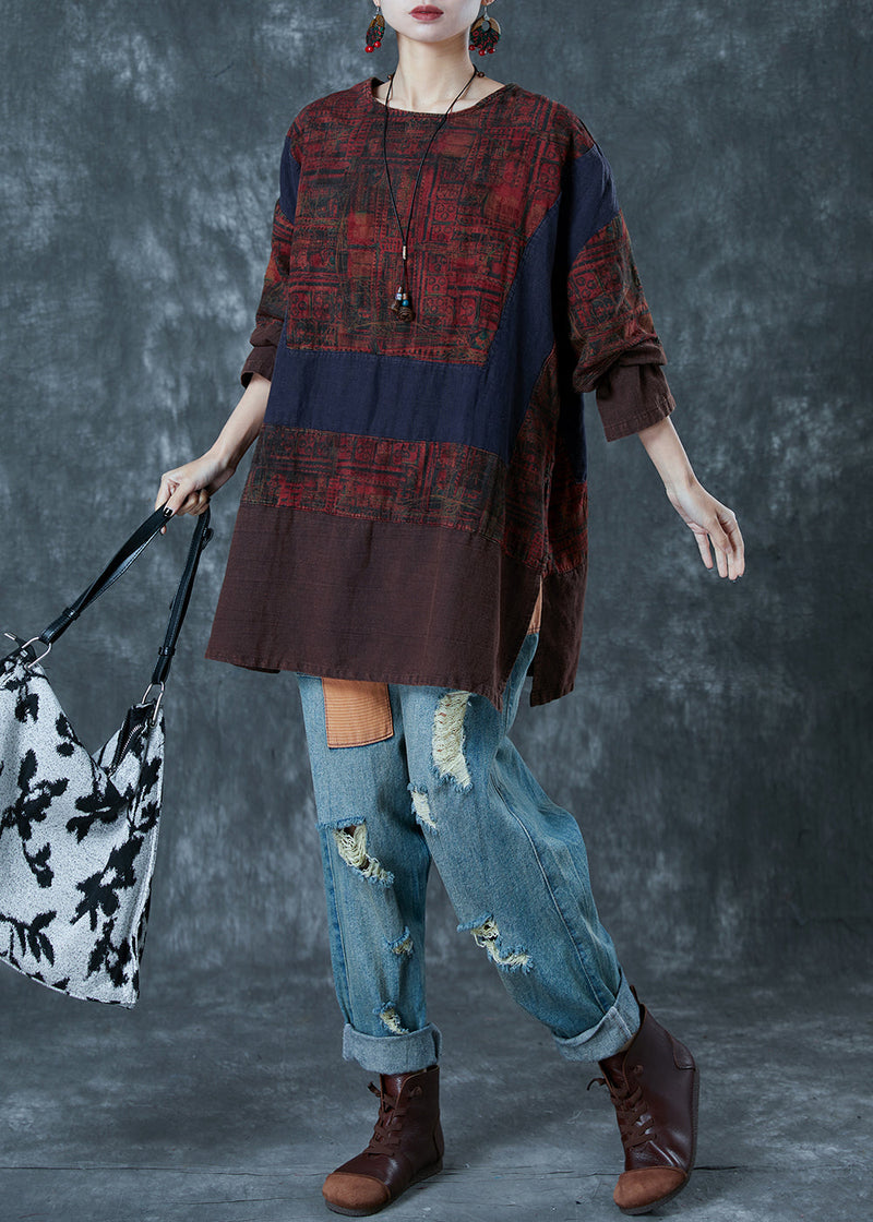 Colorblock Oversized Patchwork Linen Blouses Fall