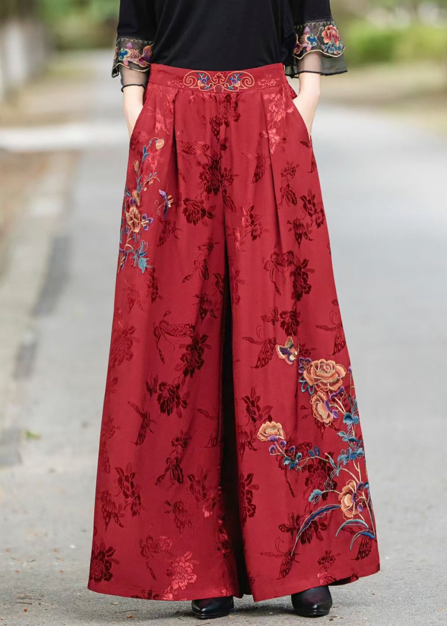 Red Pockets Jacquard Silk Pants Elastic Waist Fall