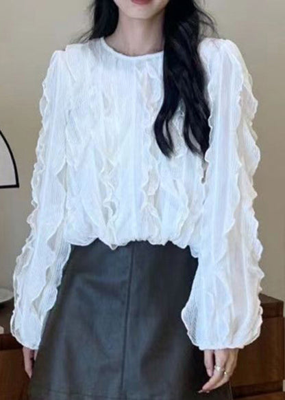 White Ruffled Knit Top Long Sleeve