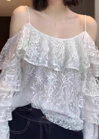 Stylish White Ruffled Lace Spaghetti Strap Top Summer