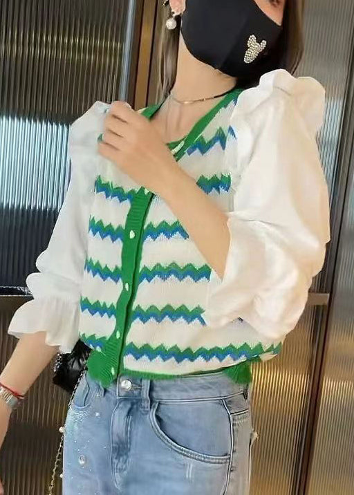 Green Striped Ruffled Patchwork Knit Blouse Tops Fall