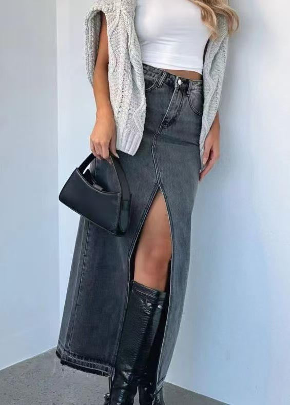 Grey High Waist Side Open Denim Skirts Summer
