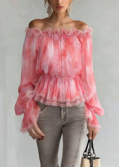 Red Slash Neck Patchwork Tunic Silk Shirts Spring