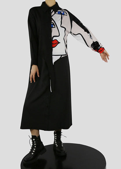Black Peter Pan Collar Button Print Shirt Dress Spring